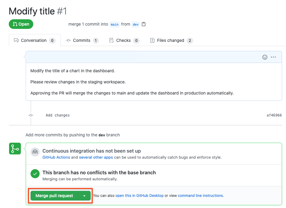 A interface do GitHub com &quot;Mesclar solicitação de envio&quot; em destaque.