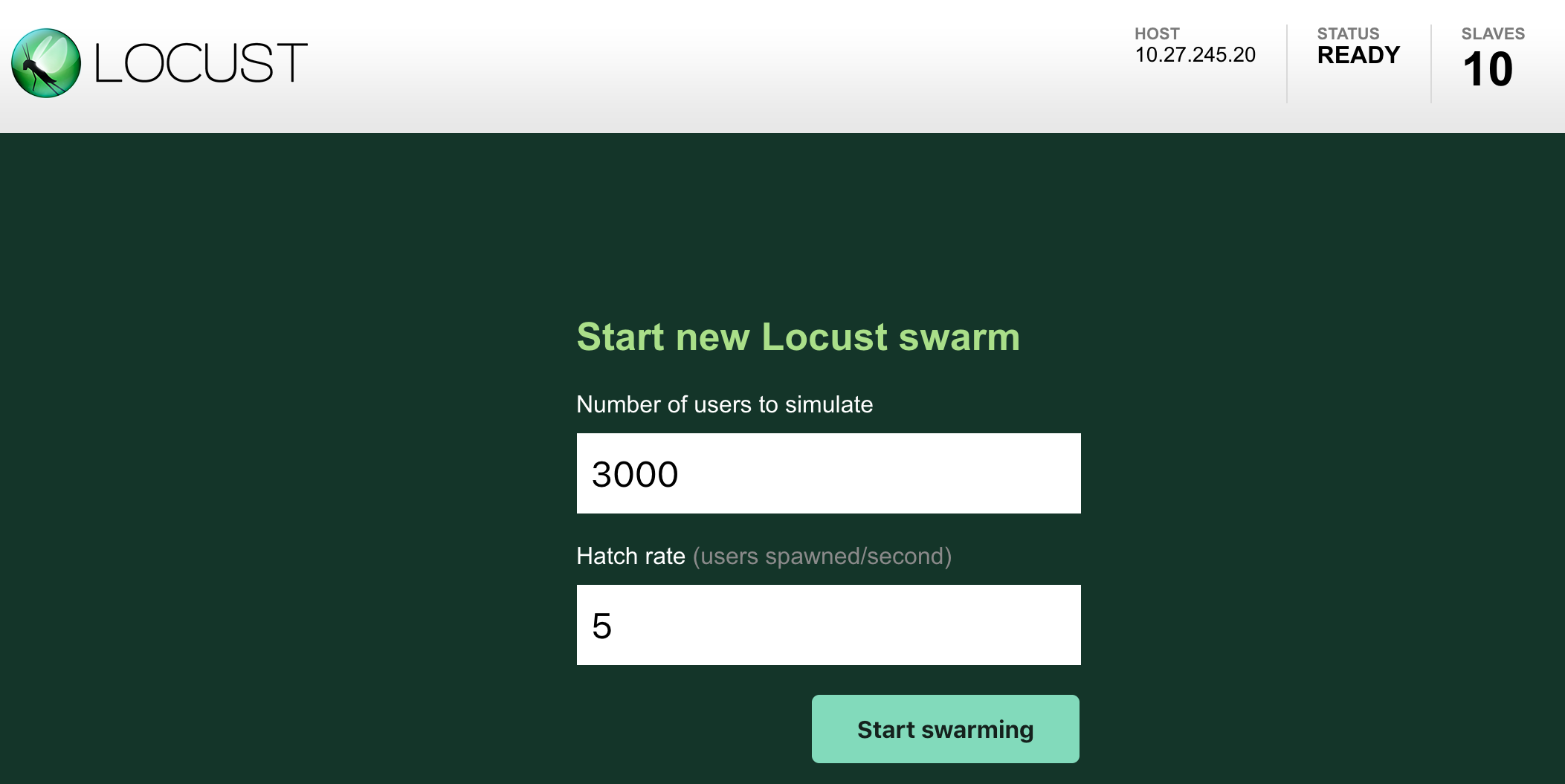 Iniciando um novo swarm do Locust.