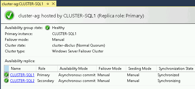 SQL Server Management Studio menampilkan Status Sinkronisasi untuk grup ketersediaan.