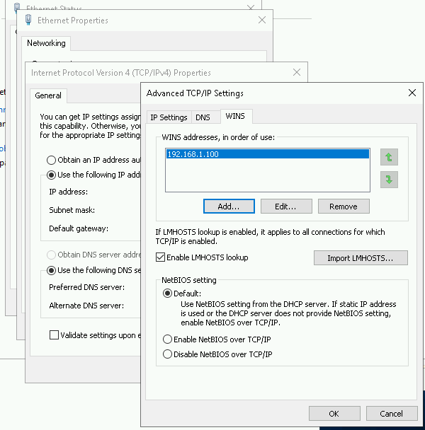 Setelan alamat WINS yang telah diperbarui di Setelan TCP/IP Lanjutan.