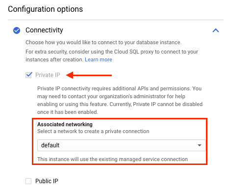 Cloud SQL 实例与默认 VPC 网络相关联。