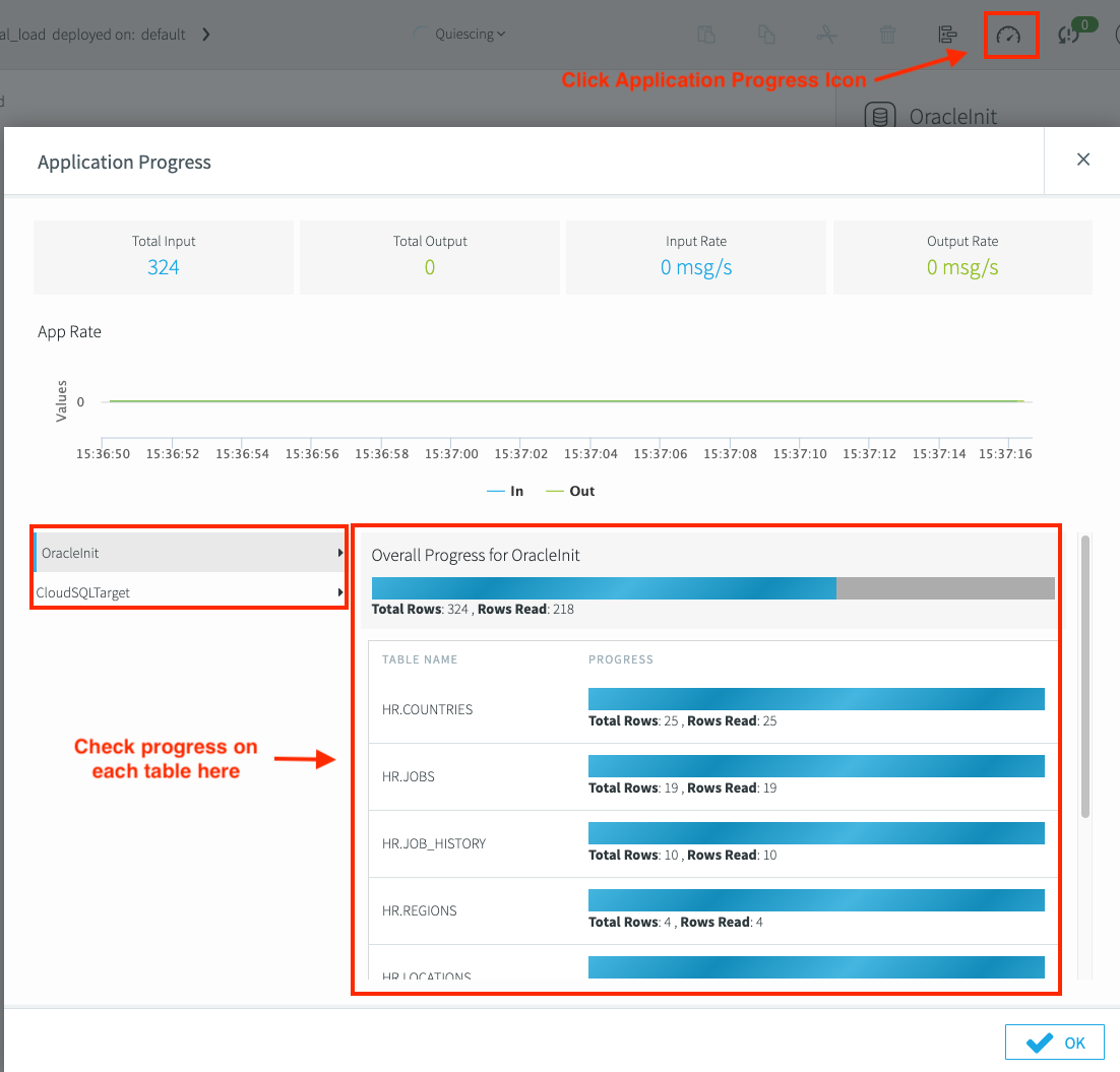 Dengan mengklik ikon Application Progress, Anda dapat melihat progres replikasi database.