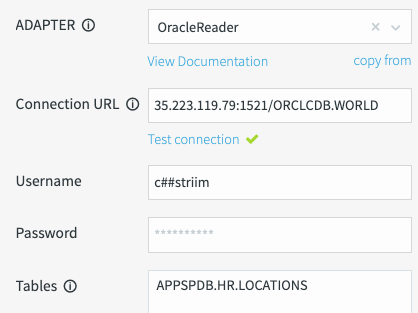 I campi obbligatori per l'adattatore Oracle Reader.