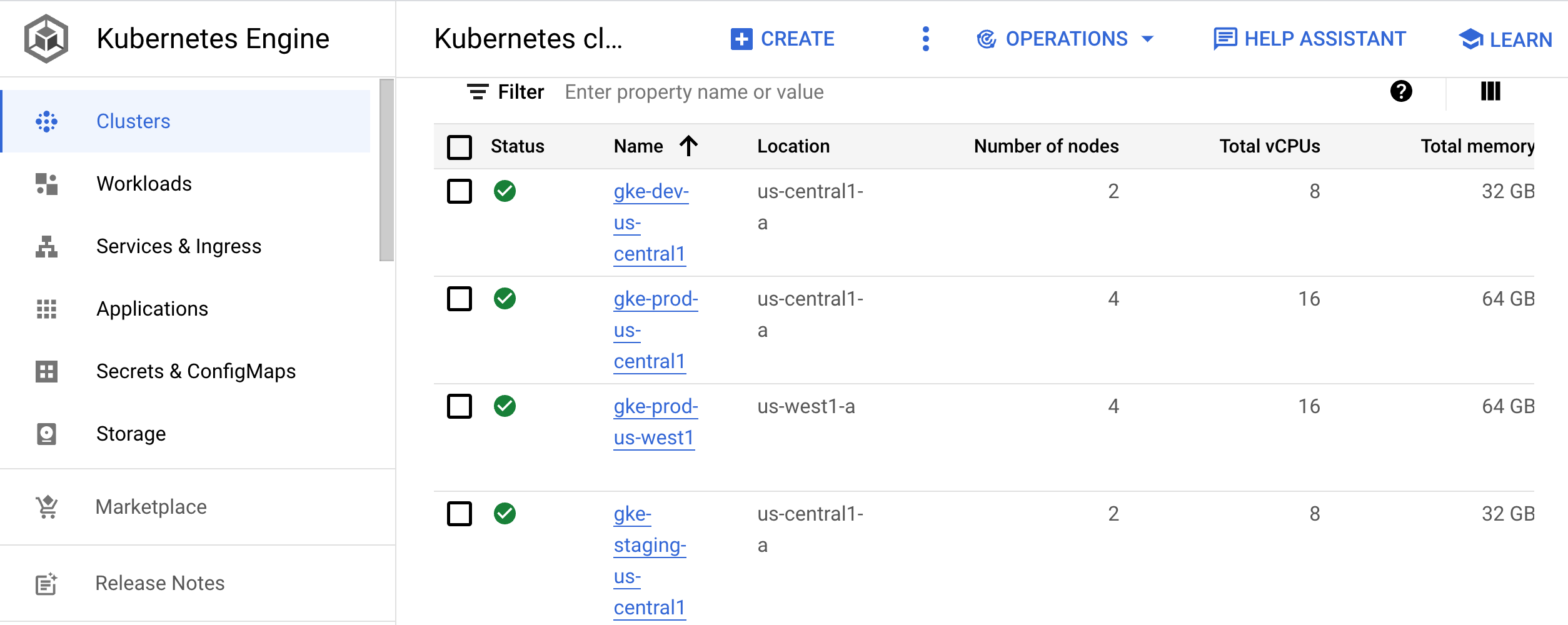 I dettagli dei cluster includono località, dimensioni del cluster e core totali.