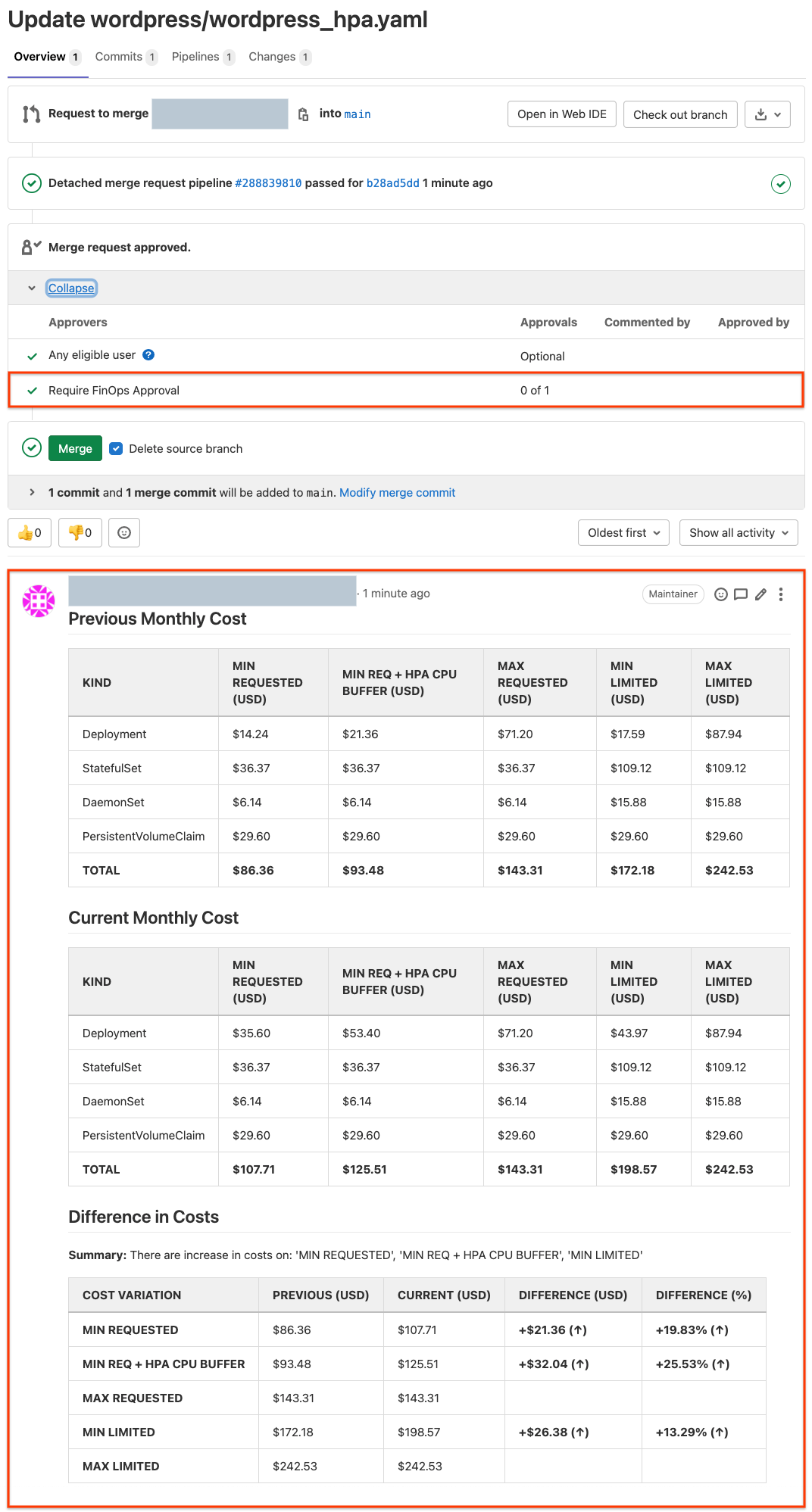 Comment with cost detail in merge request.