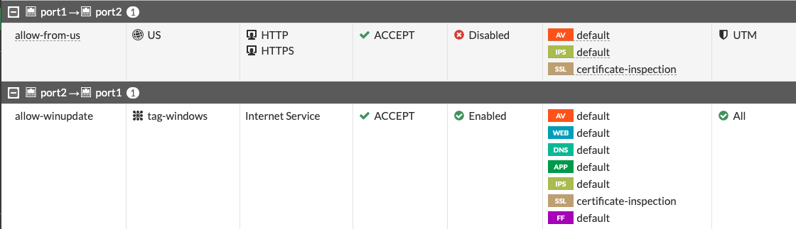 FortiGate firewall policies with geolocation and Google Cloud network tags.