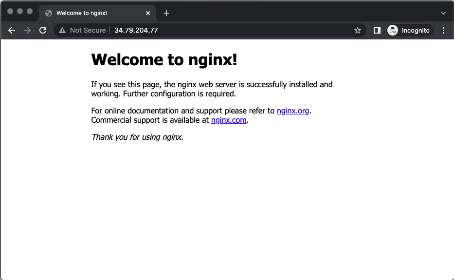 Successful connection confirmed by default Nginx web page.
