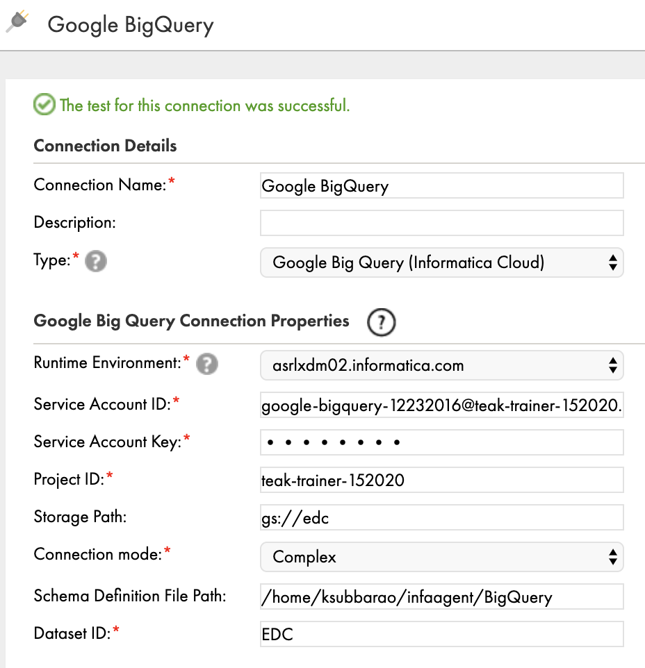Successful test connection for BigQuery.