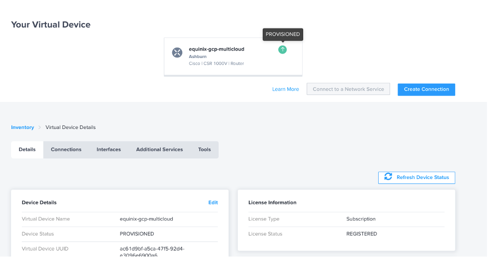 El portal de Equinix Fabric que muestra varios datos. 