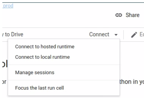 The Connect drop-down menu shows an option for connecting to the local runtime.