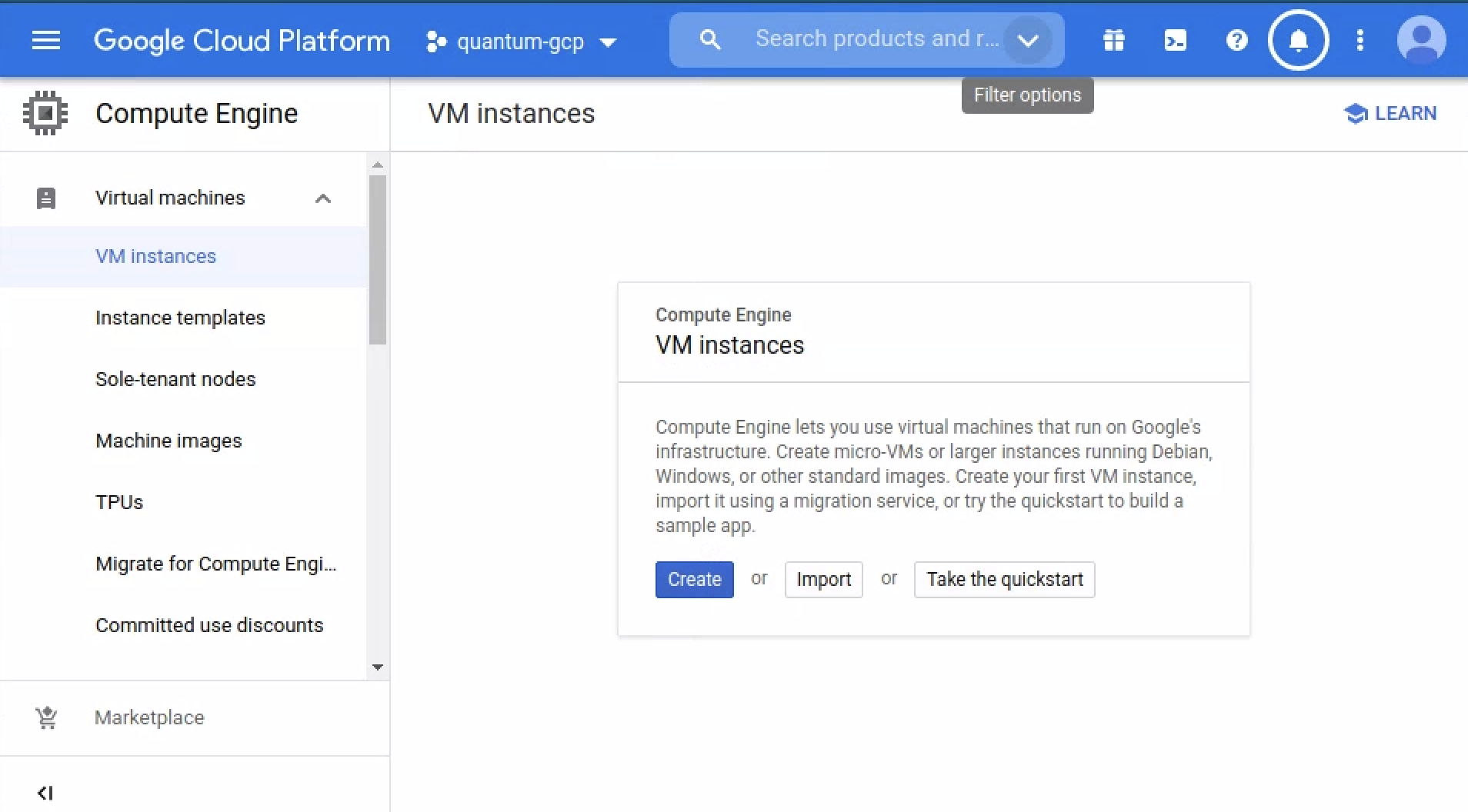 The dialog for creating a VM instance in the Google Cloud console.