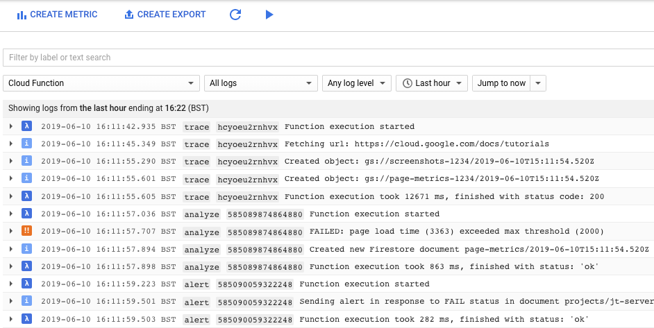 Console di logging che mostra gli errori