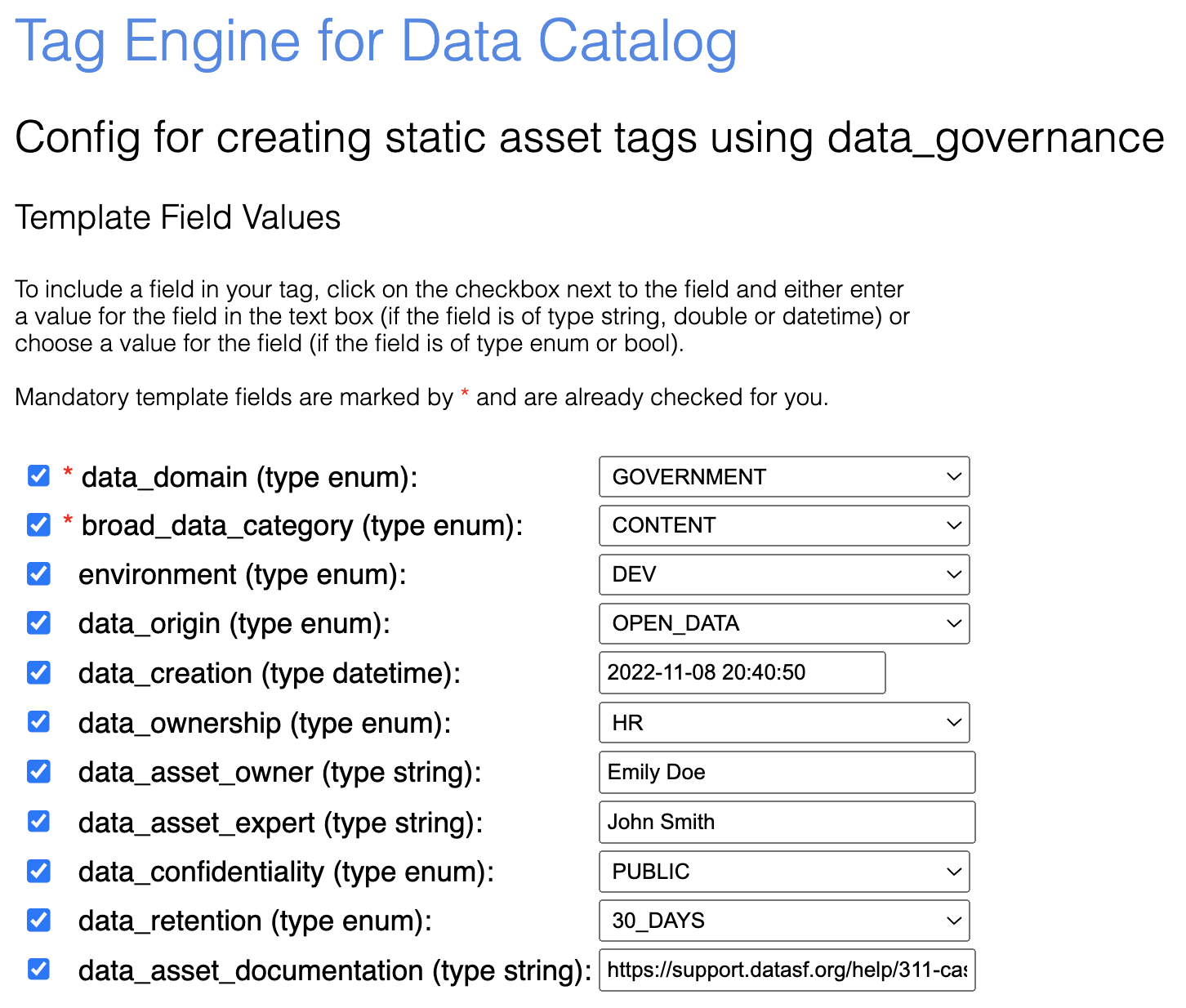 data_governance を使用して静的タグの構成を作成します。