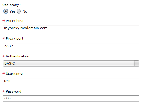 Página mostrando a opção de usar um proxy ativada, a porta de proxy (2832), "Basic authentication" selecionada, além de um nome de usuário e senha mascarada