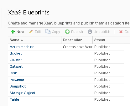 Dialogfeld "XaaS-Blueprints" mit einer Liste der verfügbaren Blueprints