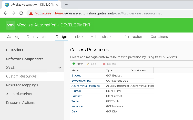 Page de développement de vRealize Automation affichant le volet "Custom Resources" (Ressources personnalisées) et divers attributs de bucket Google Cloud