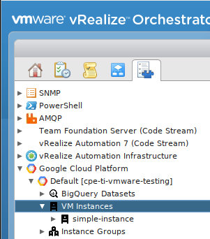 VM Instances(VM 인스턴스)가 선택된 Inventory(인벤토리) 탭을 보여주는 vRealize Orchestrator 이미지 클라이언트