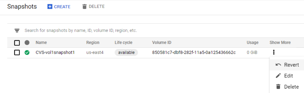 List of existing snapshots with Revert option selected