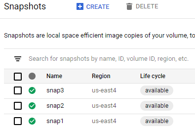 List of existing snapshots