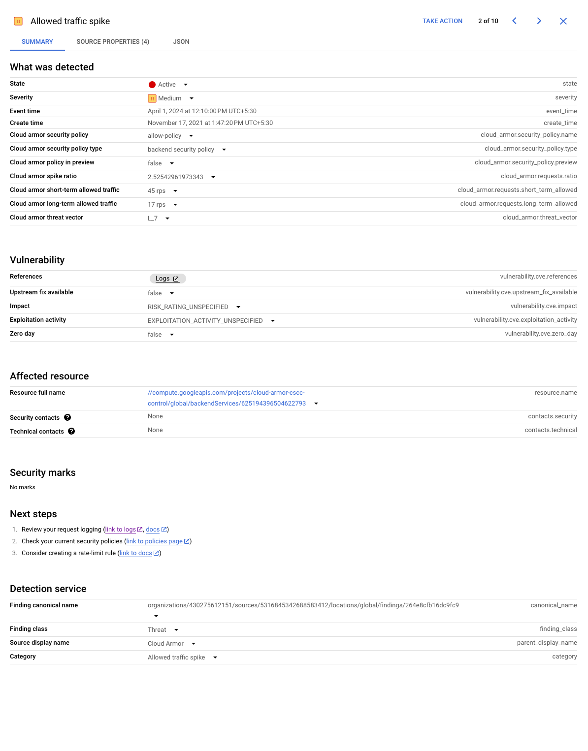 Security Command Center findings | Google Cloud Armor