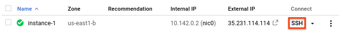 Botão &quot;SSH&quot; ao lado do nome da instância.