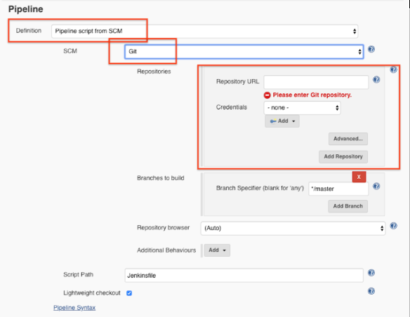 Captura de tela das configurações do pipeline