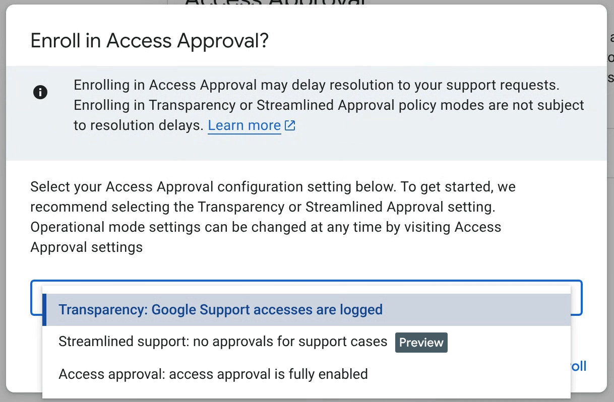 Access Approval disclaimer about increased support time.