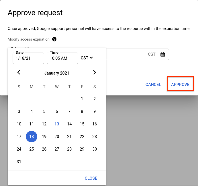 Select expiration date and time for Access Approval request