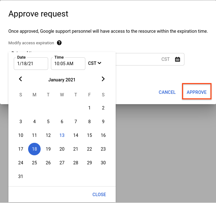 Sélectionnez la date et l'heure d'expiration de la demande Access Approval