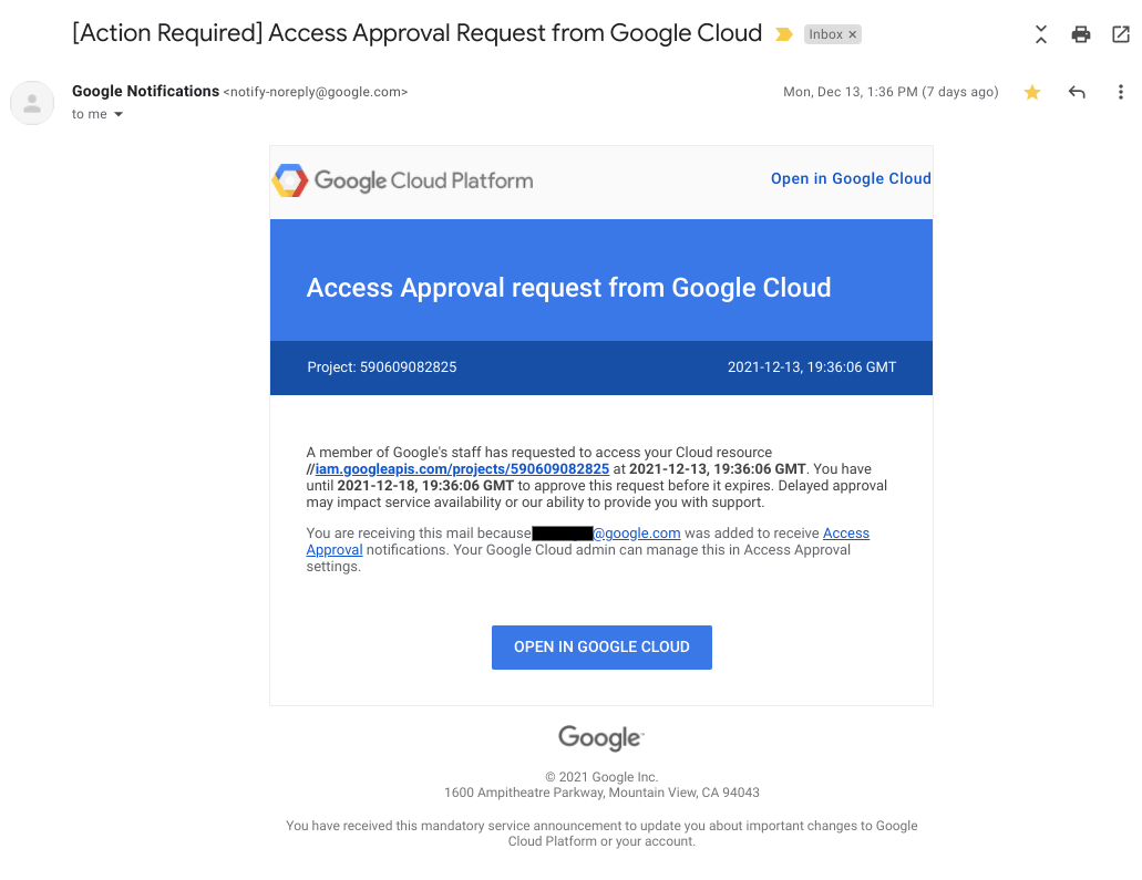 Die E-Mail-Benachrichtigung, die gesendet wird, wenn Mitarbeiter von Google Zugriff auf Kundeninhalte anfordern.