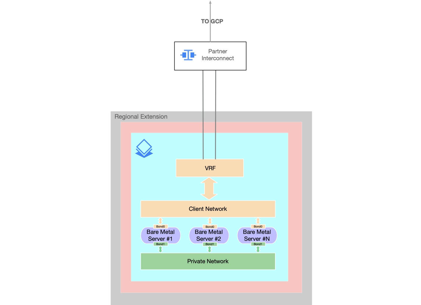 標準の Bare Metal Solution ネットワーク構成 - 1。