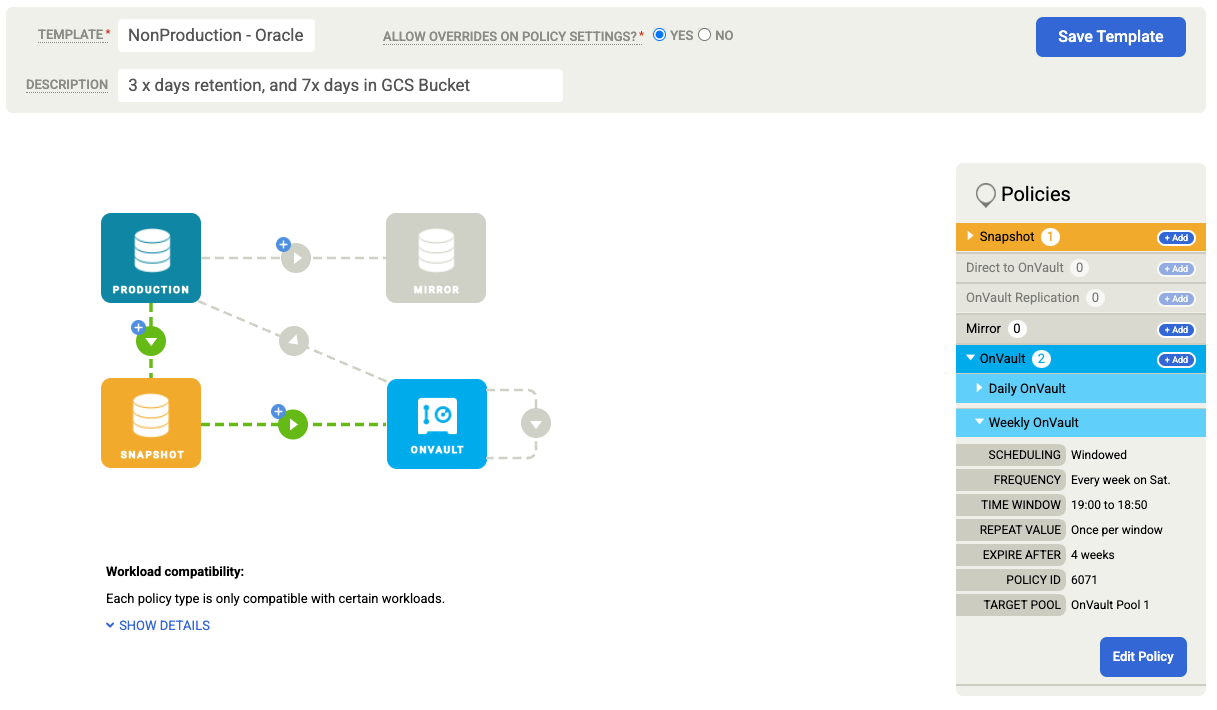 Página de la consola de administración de Copia de seguridad y DR que muestra el resultado de la configuración de una política de instantáneas.