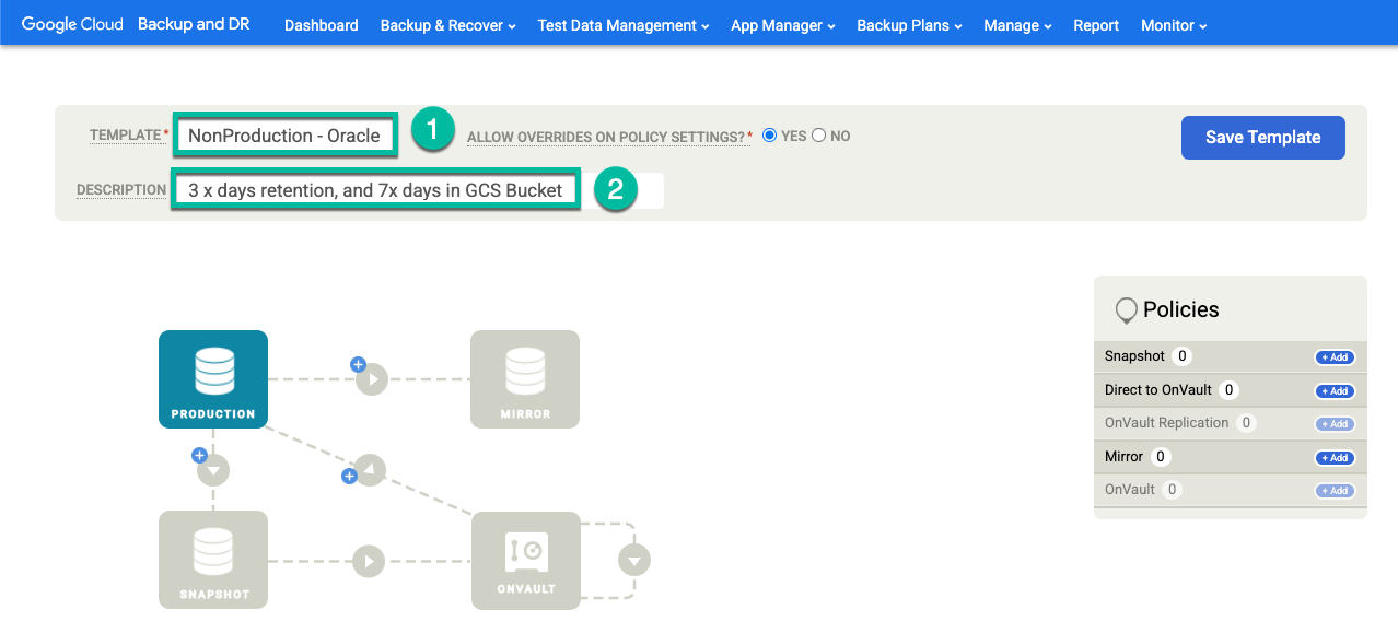 Página do console de gerenciamento do Backup e DR que mostra como criar um modelo de plano de backup.