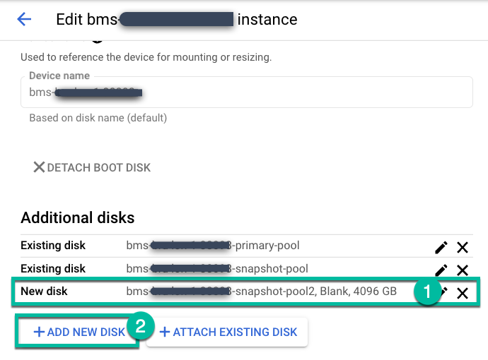 Backup and DR management console page that shows how to add a new storage disk.