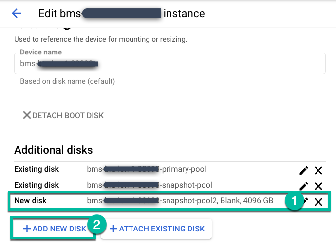 Página da consola de gestão de cópias de segurança e da RD que mostra como adicionar um novo disco de armazenamento.