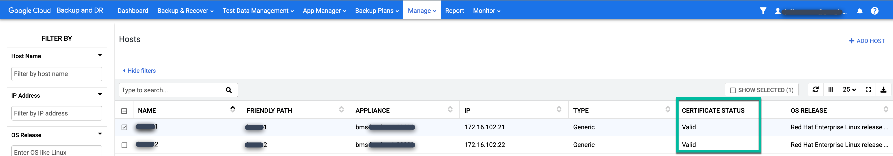 Backup and DR management console page that shows a valid certificate status.