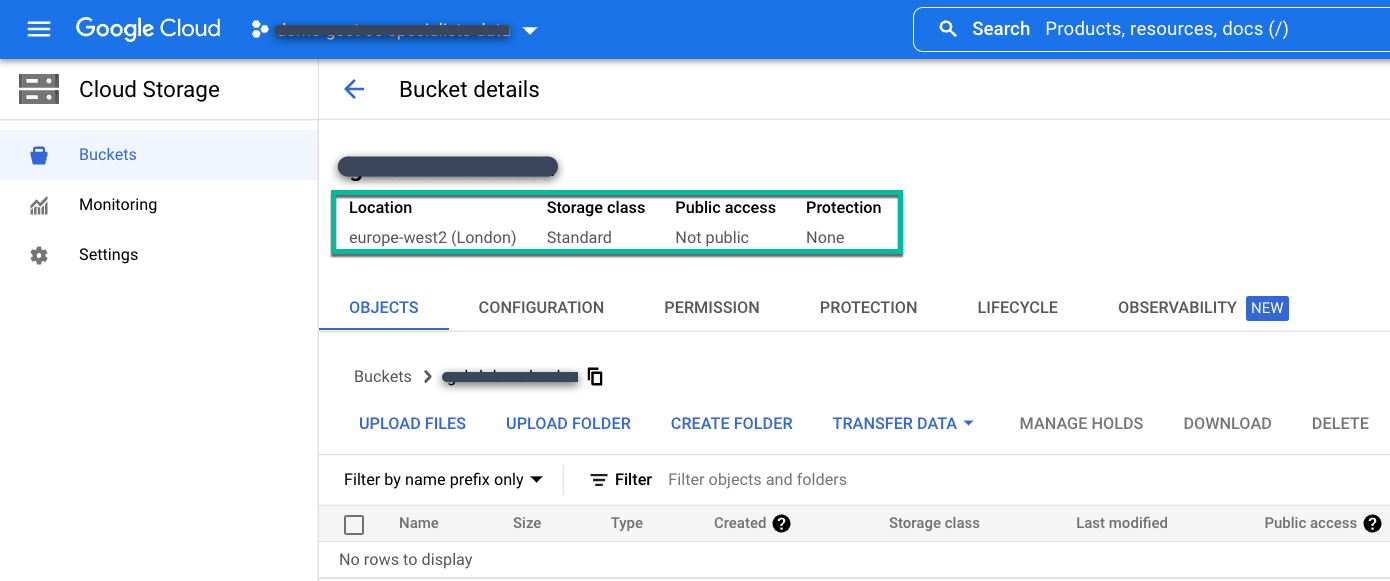 Cloud Storage バケットの詳細が表示された Google Cloud コンソール ページ。