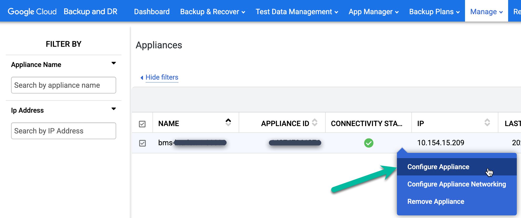 Backup and DR management console page that shows how to select the Configure Appliance menu item.