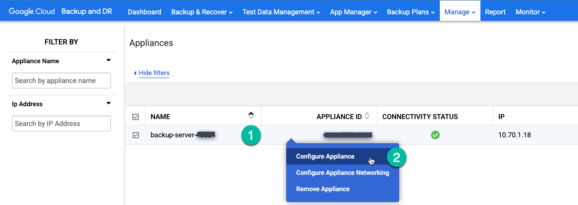 Backup and DR management console page that shows the Configure Appliance menu option on the Appliances page.