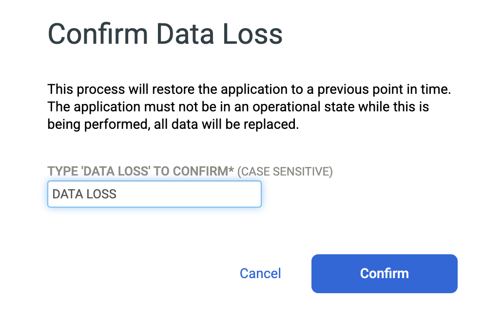 Backup and DR management console page that shows how to overwrite the source database and confirm that some data will be lost.