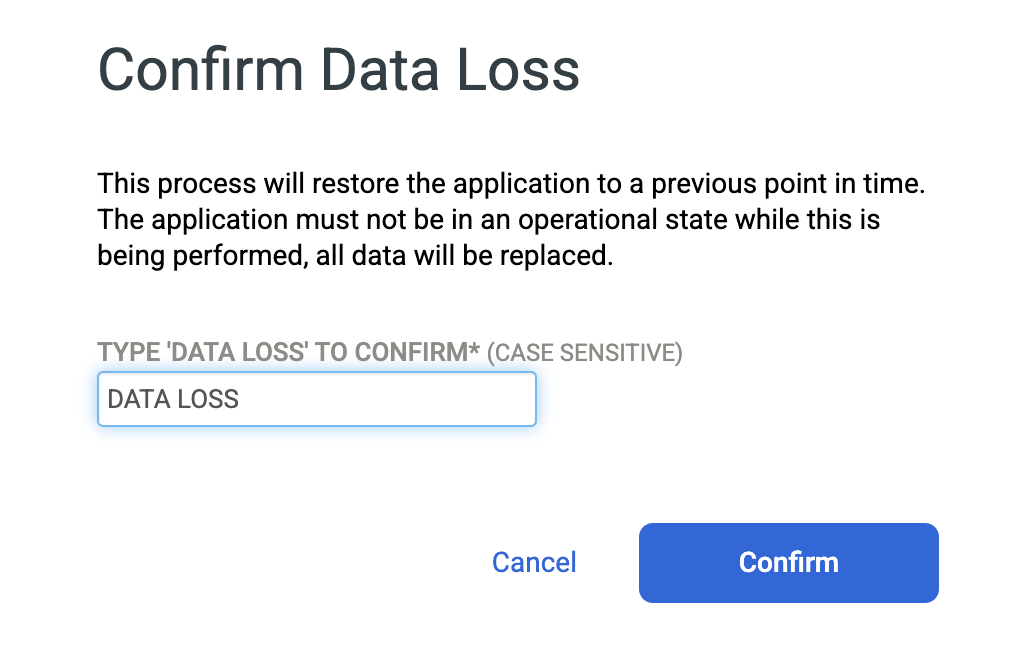 Página de la consola de administración de copias de seguridad y DR que muestra cómo reemplazar la base de datos de origen y confirmar que se perderán algunos datos.