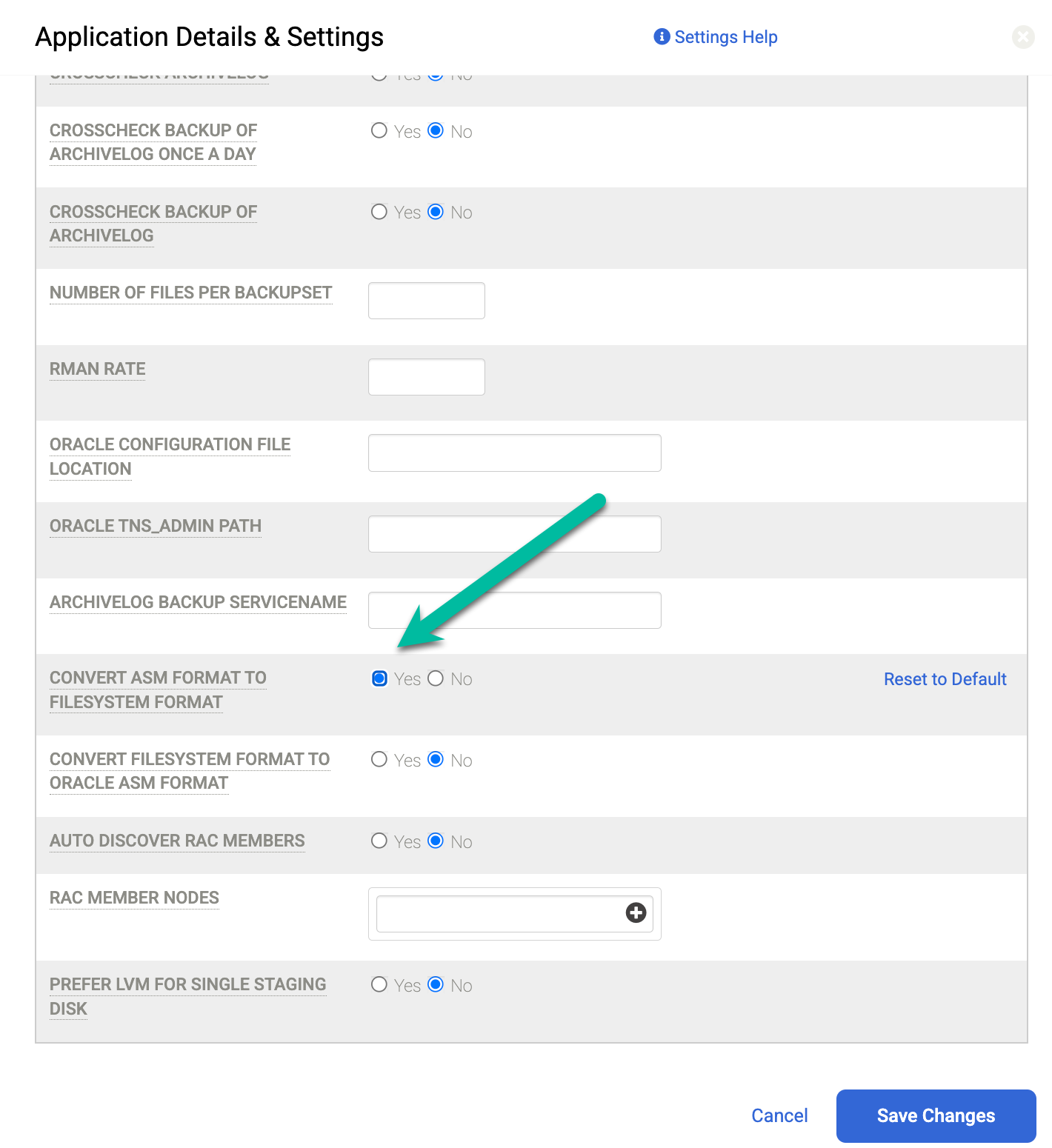 Cuadro de diálogo de copia de seguridad y recuperación ante desastres que muestra cómo seleccionar la conversión del formato ASM al formato del sistema de archivos.