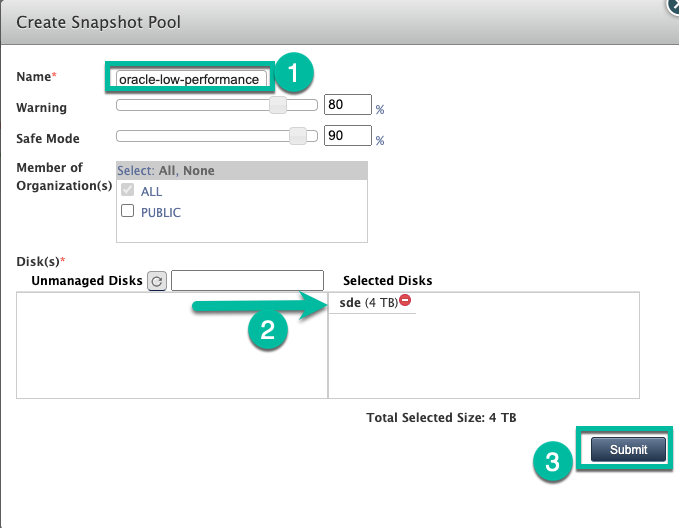 Backup and DR dialog box that shows the fields you need to enter when creating a snapshot pool, such as Name and Disks.