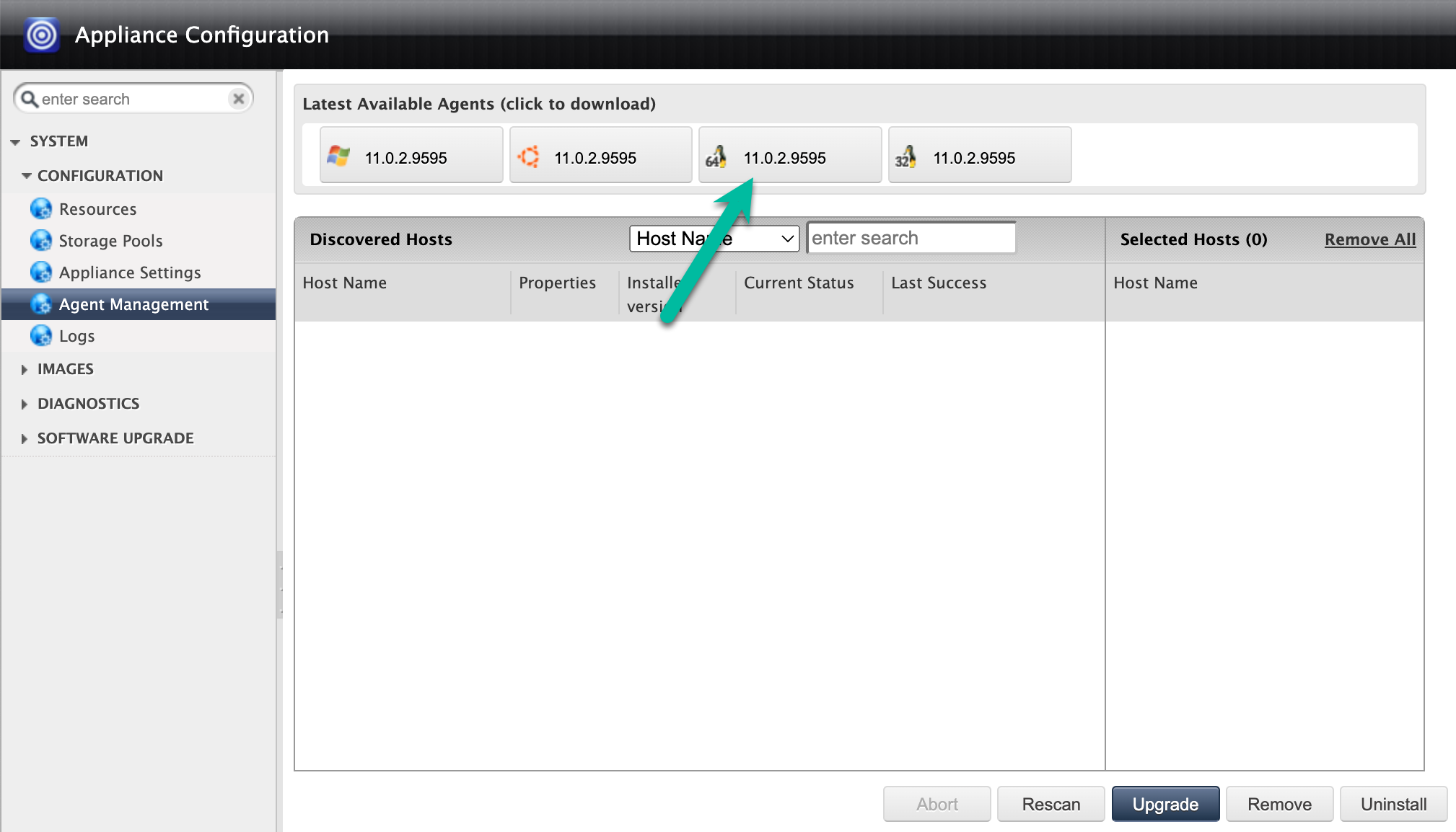 Backup and DR management console page that shows the Linux 64 Bit icon that you click to download a backup agent