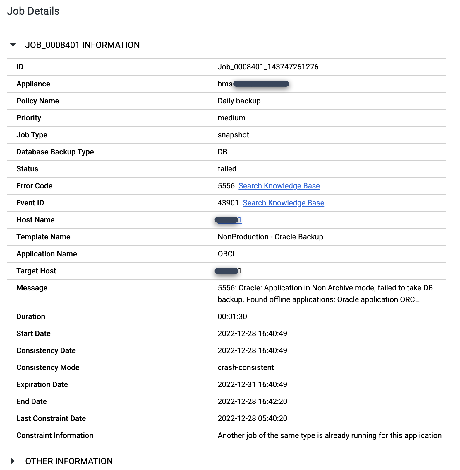 Cuadro de diálogo de Backup and DR que muestra los detalles del trabajo, que contienen el código de error 5556.