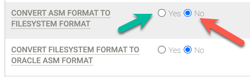 Cuadro de diálogo de copia de seguridad y recuperación ante desastres que muestra una configuración incorrecta en los ajustes de un disco de almacenamiento provisional de un host NFS que intenta usar una base de datos ASM. Para solucionarlo, cambia el ajuste Convertir ASM en sistema de archivos a Sí.