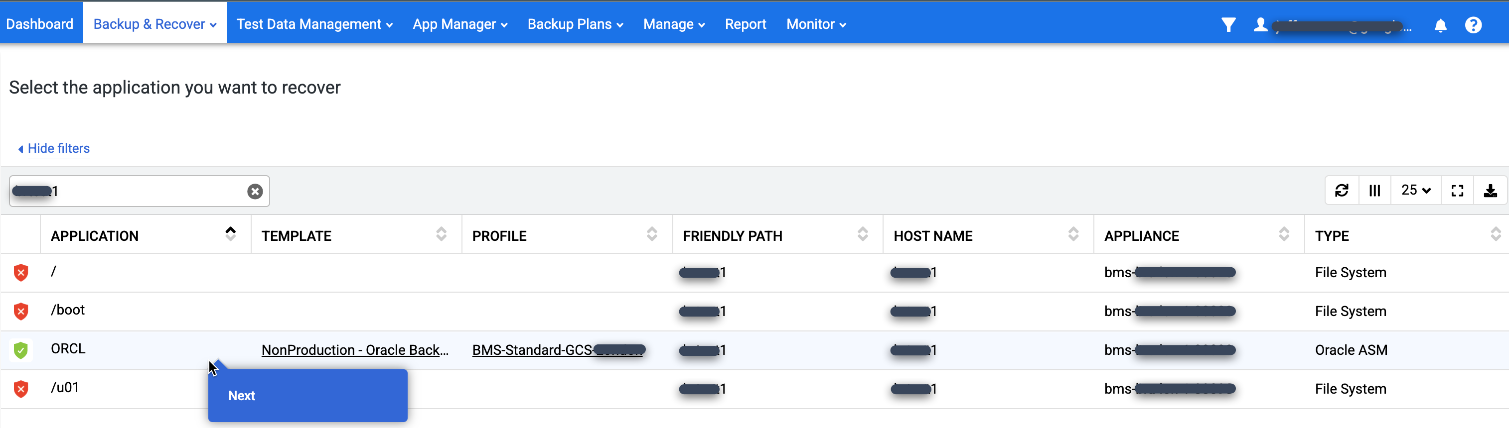 Página de la consola de gestión de Backup y DR que muestra cómo encontrar una base de datos en la página Backup y recuperación.