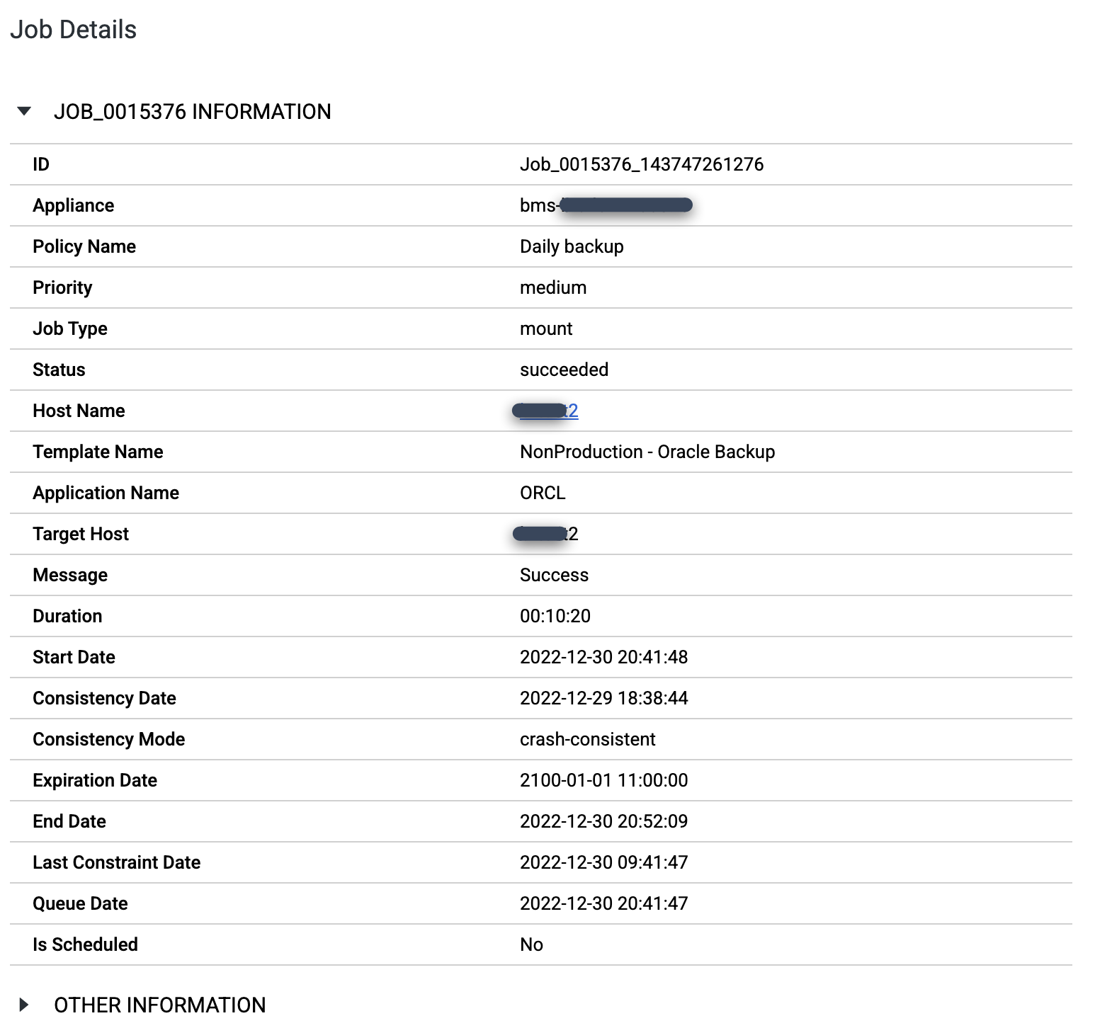 Backup and DR dialog box that shows the details of a job.