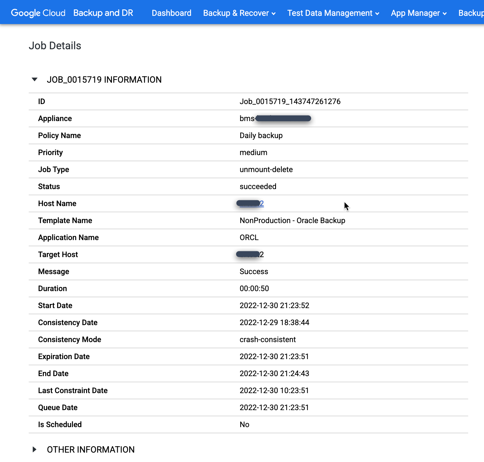 Backup and DR management console page that shows how to monitor the progress of an unmount and delete job.