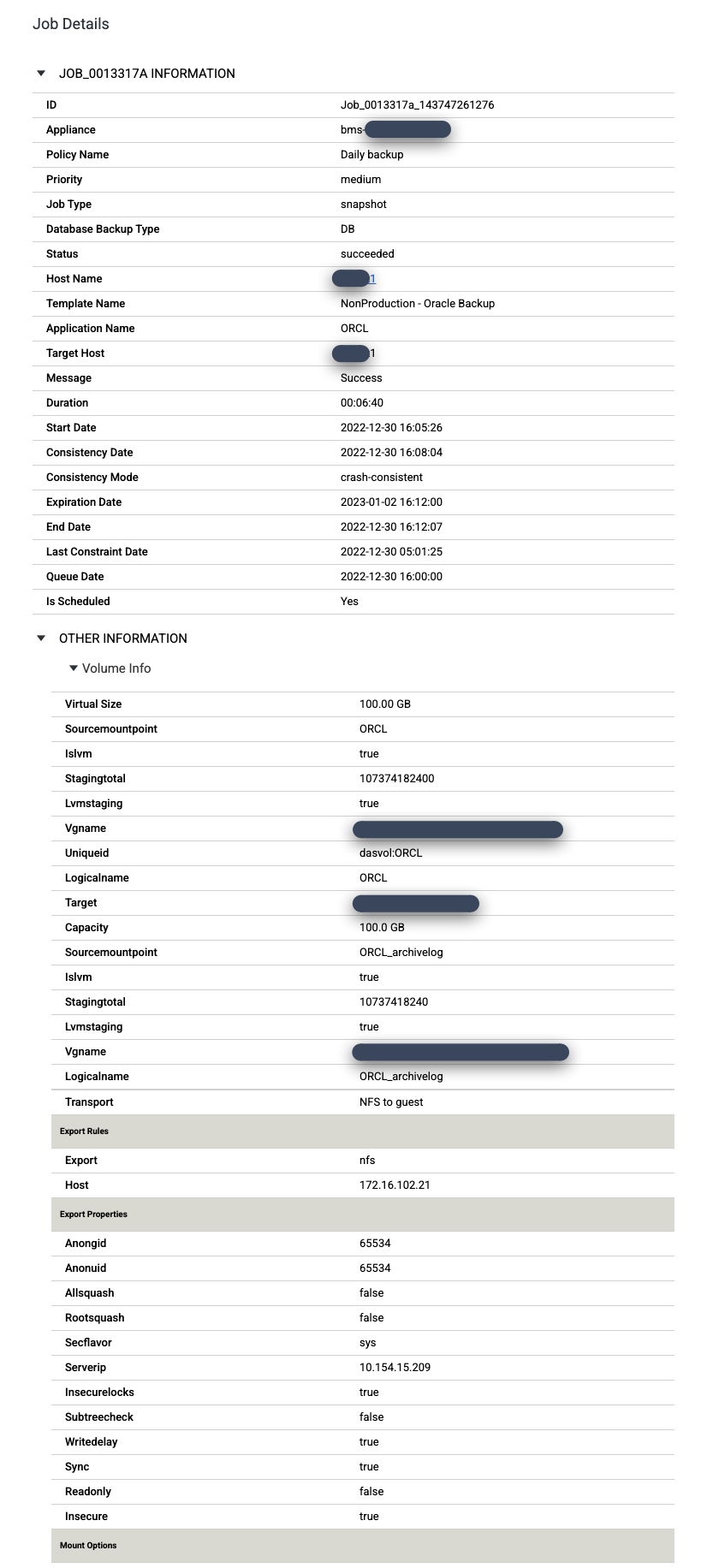 Backup and DR management console page that shows details of a backup job.